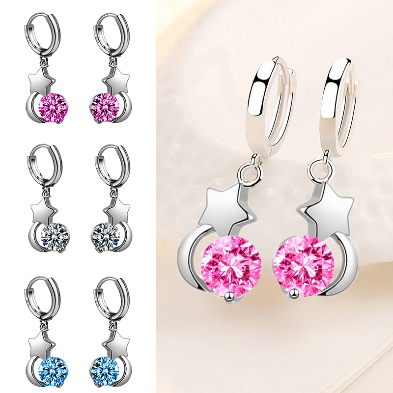 

MEETSOFT Trendy 925 Sterling Silver Star Moon Colorful Zircon Hoop Earrings Buckle for Women Cute Fine Jewelry Drop Shipping