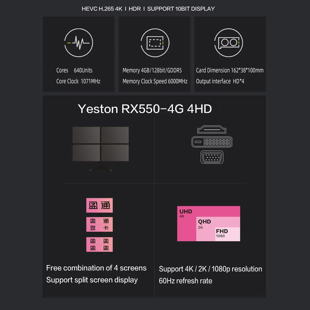

Yeston RX550-4G 4HDMI Graphics Card 4 Screen Support Split Screen 4GB Memory/GDDR5/128Bit 6000MHz VGA+ HDMI+DVI-D Graphics Card