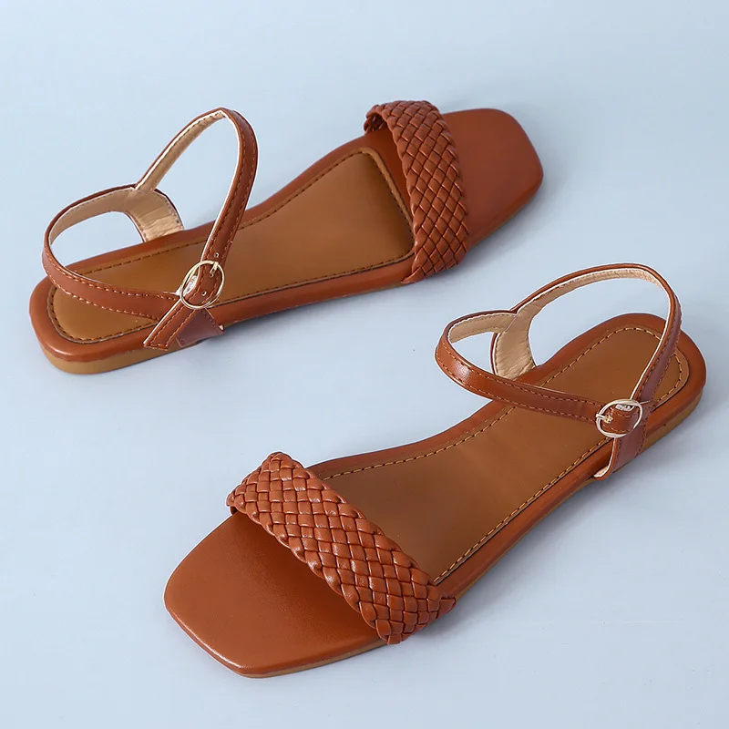 

Women's Sandals Solid Color Buckle Strap Consice Weave Ladies Solft Shoes Flat Square Toe Plus Size Female Footwear 2021 Summer