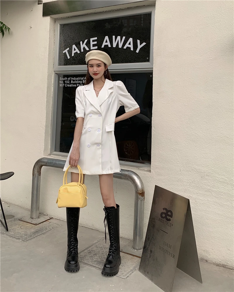 

Summer Office Suit Collar Elegant Dress Pure Color Double Breasted Short Sleeve White Dress Female Vestidos