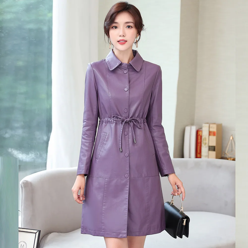 

Spring Autumn PU Leather Jacket Women Fashion DrawstringTurn Collar Faux Leather Coats Women Elegant Single Breasted Jackets