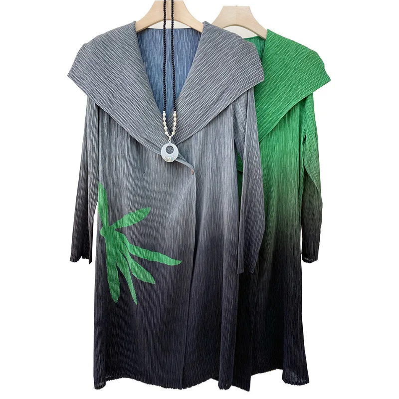 

LANMREM 2021 Spring New Green Leaf Coats Print Casual Pleated Single-button Long Straight Loose Trench Coat Women Fashion 2A2565