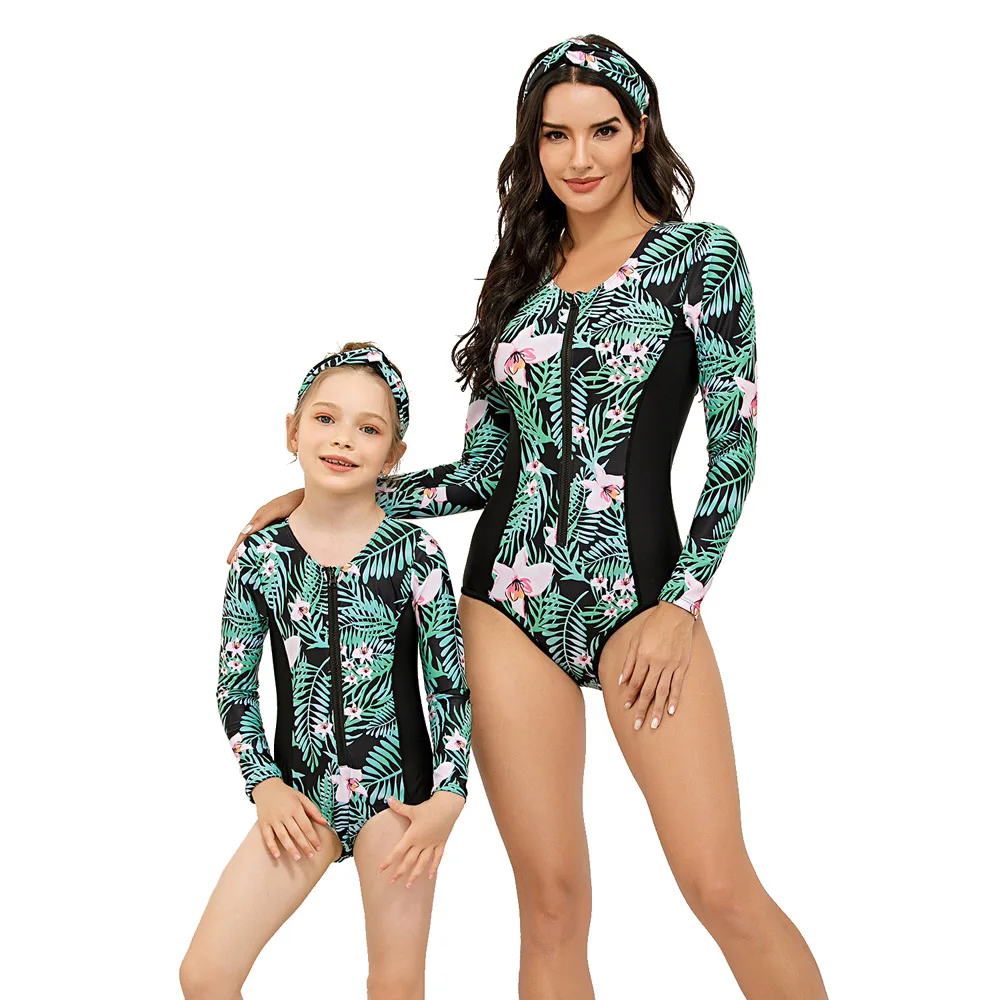 

Family Outfits Matching Swimwear One Piece Swimsuit Women Girl Swimming Suits New Beachwear Bathing Wear Surfsuit Long Sleeve