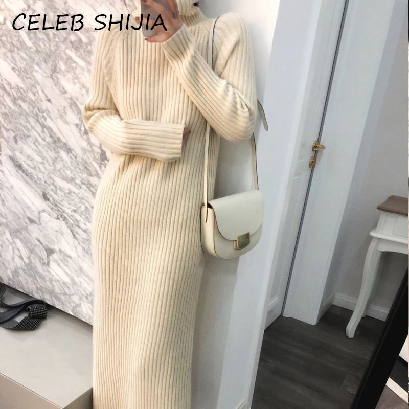 

SHIJIA Apricot Solid Elegant Long Knitted Dress For Woman Full-sleeve Gray Turtleneck Warm Sweater Dress Female Autumn 2020