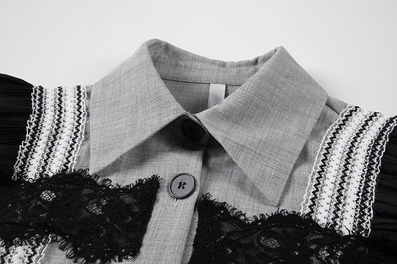 

2021 Vintage Women Single Breasted Turn Down Collar Lace Patchwork Loose Shirt Dress