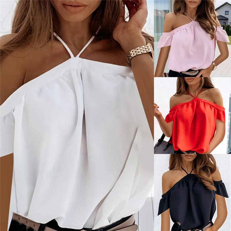 

Women 2021 Summer Off Shoulder Halter Blouse Shirts Sexy Backless Solid Color Tops Ladies Elegant Short Sleeve Shirt 2XL