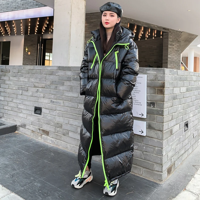 Женский пуховик выше колена блестящее Стеганое пальто зимняя теплая Толстая