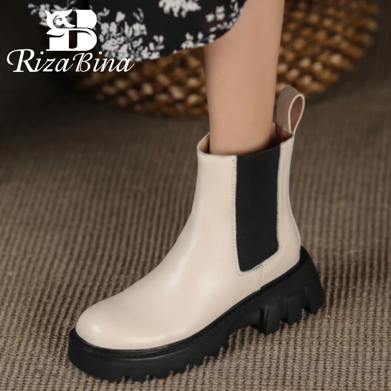 

RIZABINA Genuine Leather Women Chunky Ankle Boots Mixed Color Platform Fashion Daily Casual Cool Female Footwear Size 34-40