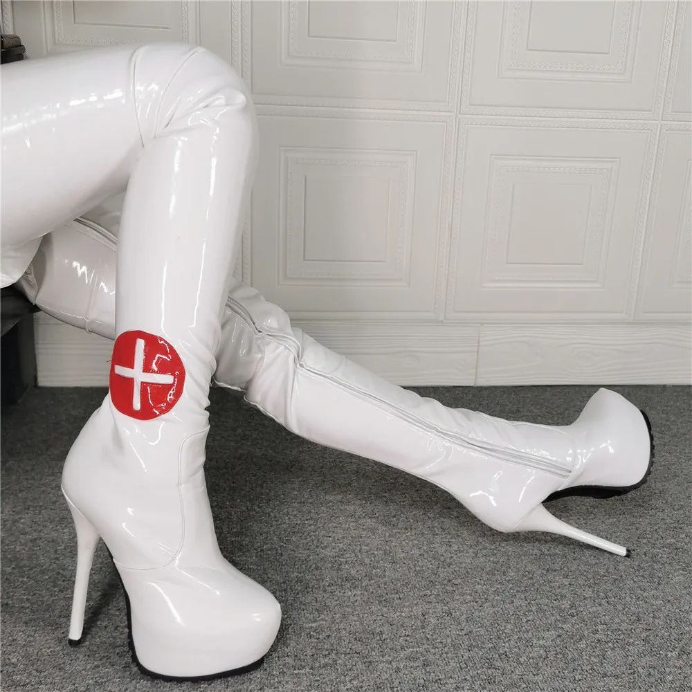 

Night Club Plus Symbol White Patent Leather Thigh Boots Woman High Platform Thin Heels Over The Knee Boots Zip Motorcycle Botas