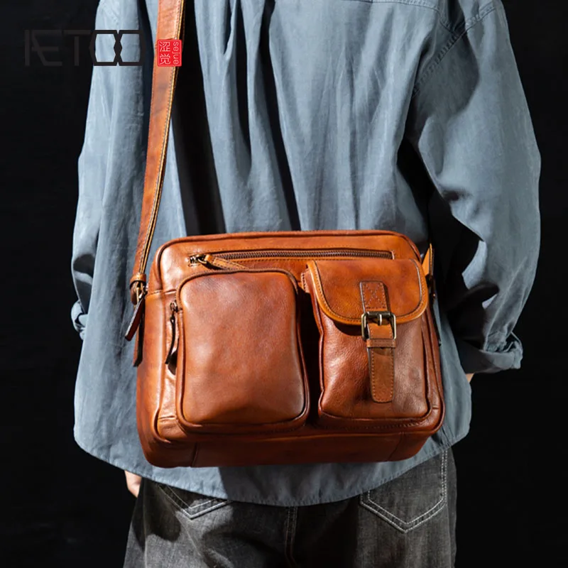 Сумка-мессенджер Мужская AETOO из воловьей кожи растительного дубления с верхним