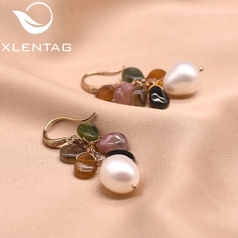 Женские серьги-подвески XlentAg с натуральным жемчугом и турмалиновым кристаллом в