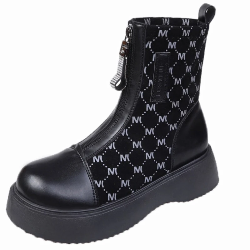 

Women's bottomed flat boots soft bottom comfortable zipper New boots handmade Institute women's boots British printed boots
