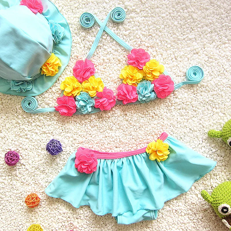 

2021 Floral Baby Girl Bikini Sets 3 PCS Cute Toddler Bathing Suits Sport Beach Skirt Swimwear Outdoor Children Swimsuits Clothes