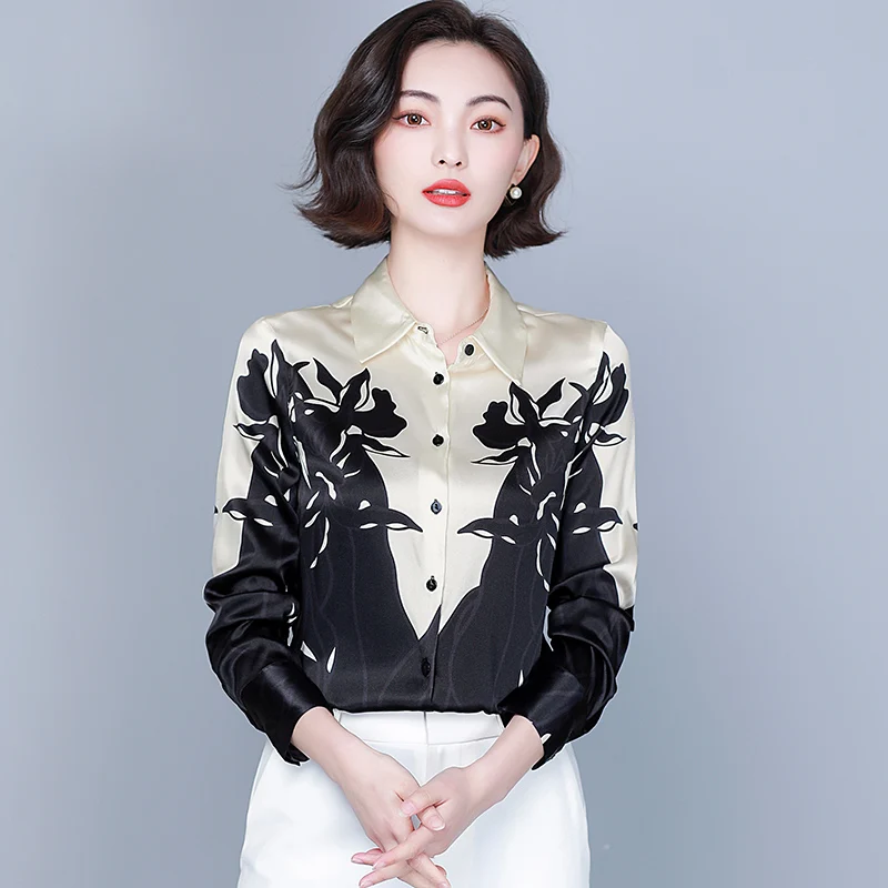 

Chikichi 2021 Spring and Autumn New Fashion Lapel Satin Loose Contrast Printing All-match Casual Long-sleeved Button Shirt Women