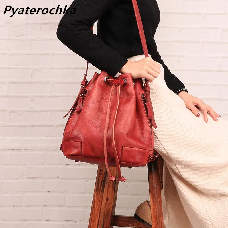 Pyaterochka Cow Leather Bucket Bags Ladies Messenger Bag Fashion Women Brand String Back Pack Open Pocket | Багаж и сумки