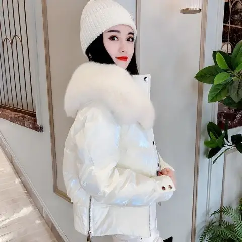 

2021 Women Winter Fashion Short Down Cotton Jackets Female Big Fur Collar Parkas Ladies Glossy Thick Warm Solid Overcoats T627