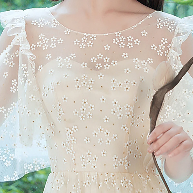 

Evening Dresses O-Neck Ruffles Half Sleeves A-line Ankle-length Flowers Embroidery Lace Backless Woman Formal Party Dress A353