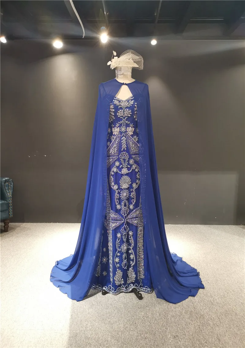 

Новинка 2021, высокое качество, индивидуальные роскошные бисеры синего цвета, без бретелек, Русалка с накидкой, вечернее праздничное платье д...