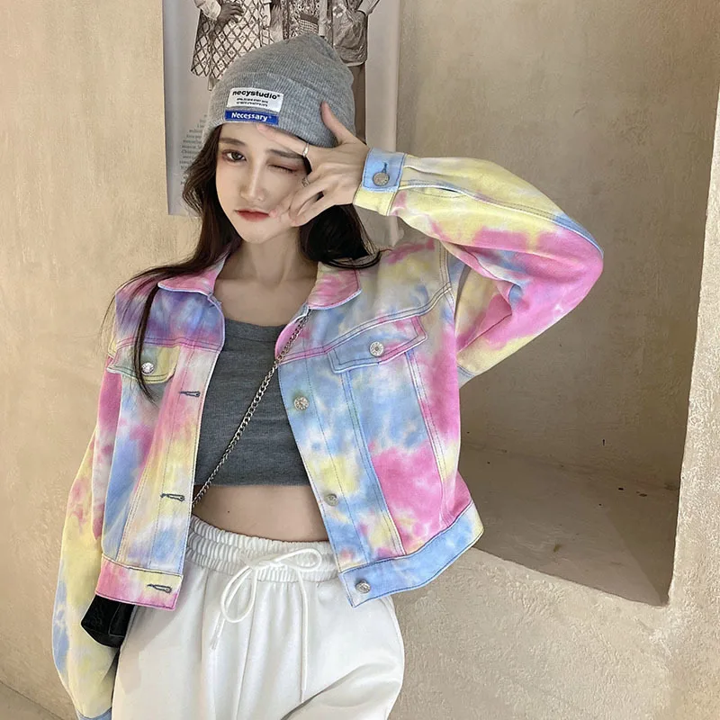 

Korean Tie Dye Print Slim Short Denim Coat Chaqueta Mujer 2023 Spring Autumn Lapel Long Sleeve Harajuku Jeans Jacket Female Coat