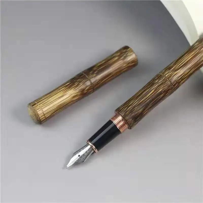 

Handmade Natural Bamboo Fountain Pen Fine 0.5mm Beautiful Golden Stripes Bamboo Pen Office Business Collection