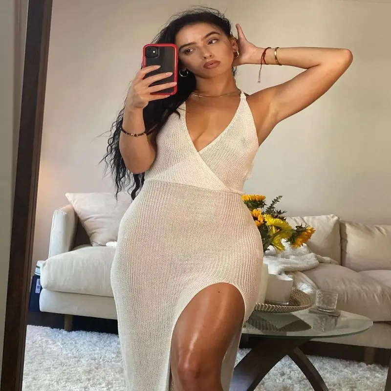 

KLEEZY Women Knitting Mesh Perspective Strap V Neck Backless Maxi Dress Bodycon High Split Beach Party Summer Dresses Vestidos