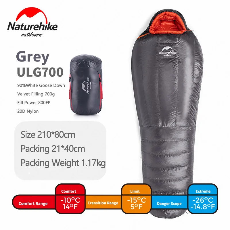 ULG700-Grey Naturehike Кемпинг гусиный пух заполняющий 800FP зимний спальный мешок 20D нейлон Сверхлегкий утолщенный Мумия водонепроницаемый теплый спальный мешок - Цвет: ULG700-Grey