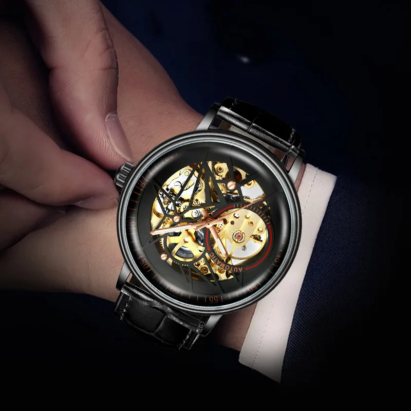 Часы мужские механические золотистые/коричневые в стиле ретро|Мужские часы| |