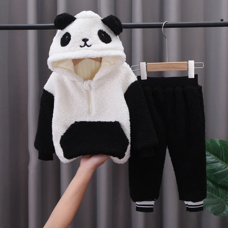 

Toddler Baby Girls Boys Cute Cartoon Panda Clothes Suits Winter Autumn HOT Velvet Children Home Wear Pajamas Hooded Pants 2PCS