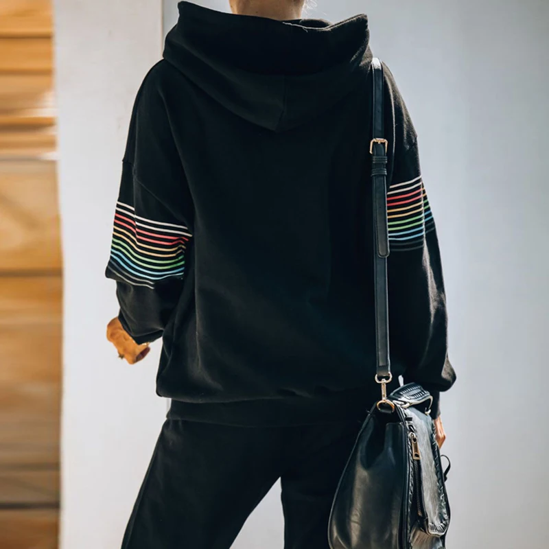 Conjunto de dos piezas de chándal para mujer, ropa informal de punto a rayas con capucha, 2020