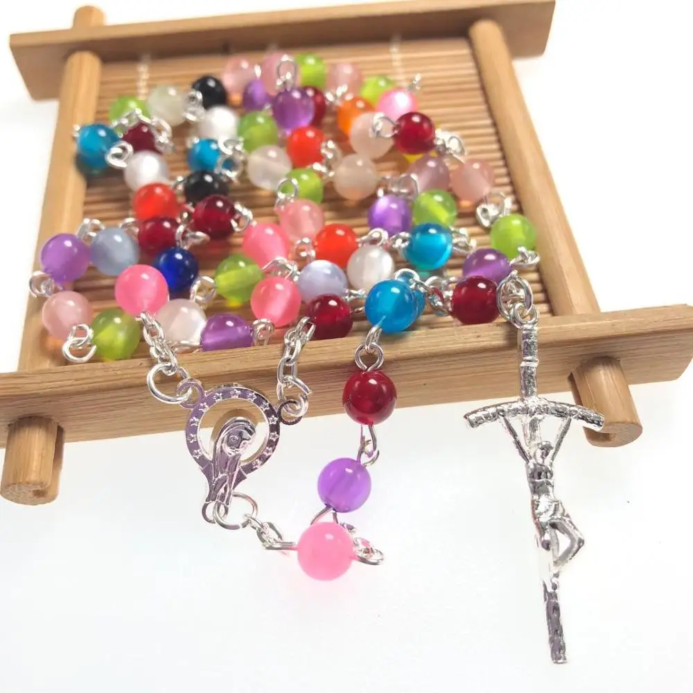 freeship 3pcs/set multicolor catholic Rosary necklace beautiful 6mm faux cat eye bead rosary pendant Necklace virgin mary center | Украшения