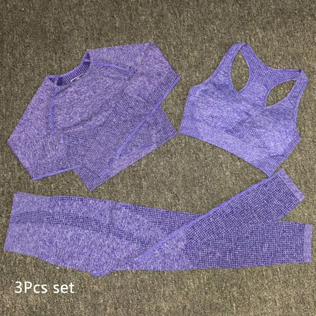 Purple 3Pcs set Комплект для йоги из 3 предметов, бесшовные леггинсы+ спортивный бюстгальтер+ укороченный топ с длинными рукавами, женская одежда для зала и бега, спортивный костюм для фитнеса с высокой талией - Цвет: Purple 3Pcs set