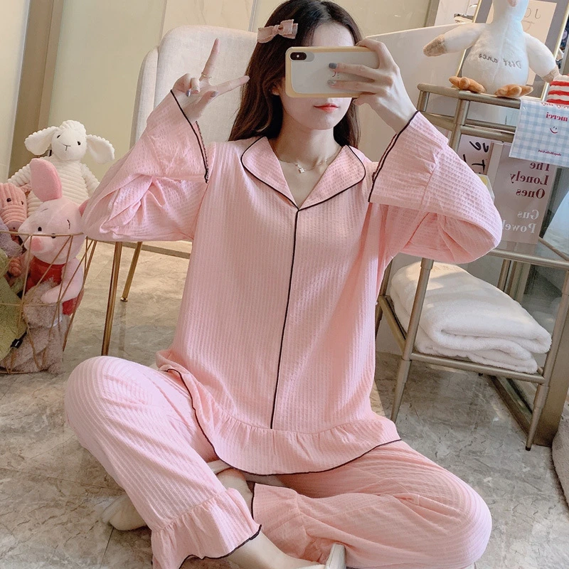 

Осенне-зимняя женская хлопковая однотонная свободная Милая Повседневная Удобная теплая женская пижама костюм для домашнего сервиса JJF0103