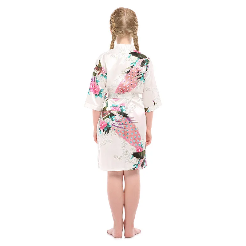 Японский стиль длинное атласное платье с павлином для девочек Yukata пижамы кимоно