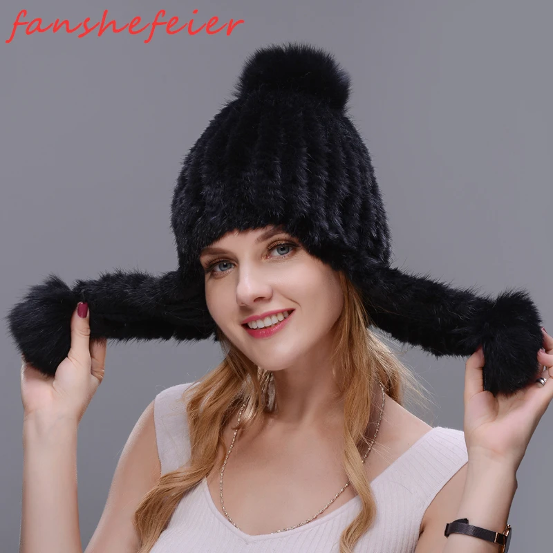 Настоящая Натуральная норковая шапка двойная вязанная длинная меховая с ушками