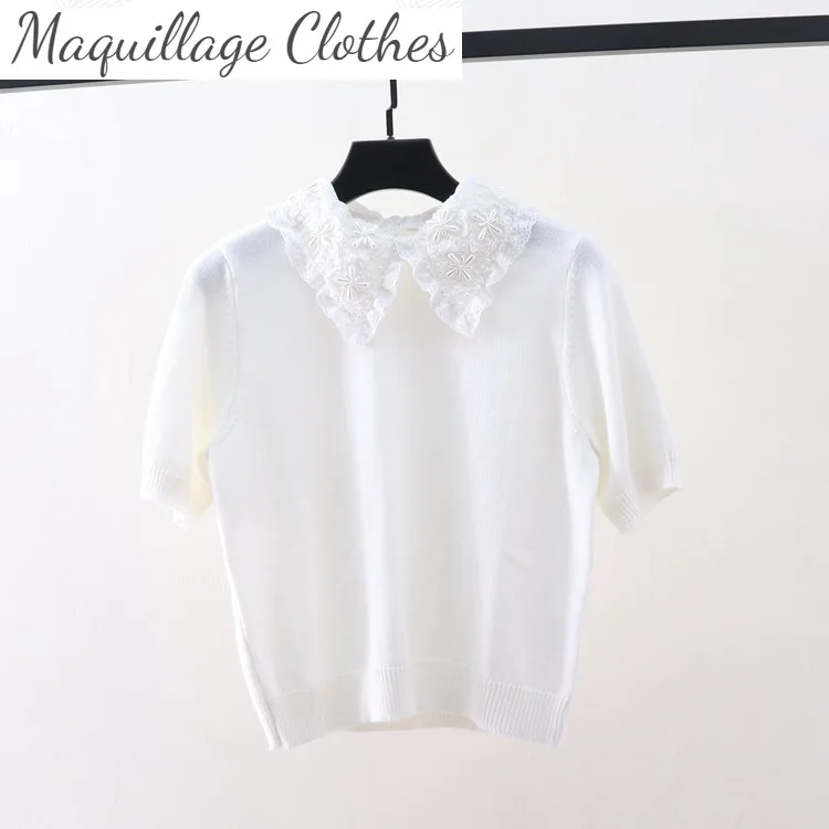 

Женские милые летние трикотажные футболки с воротником «Питер Пэн» и бисером, топы C242, 2021