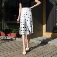 new 2022 dot print midi skirt with lining spring summer high waist a line imitate silk elegant skirts for women white faldas