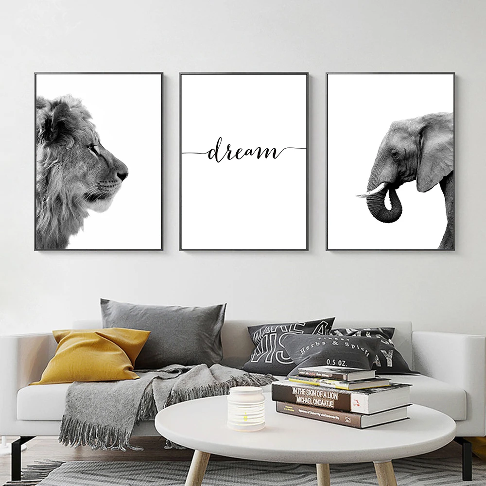 

Animal Black White Letter Dream Decor Picture Elephant Lion Side Poeter Children Room Kindergarten Canvas Painting Wall Art Kids
