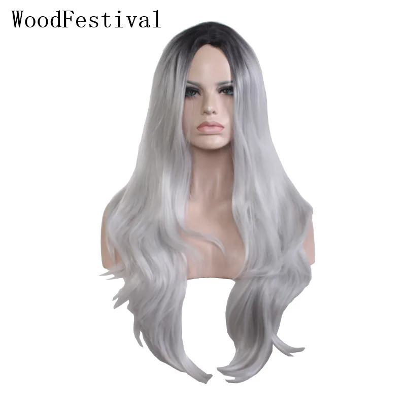 WoodFestival черный серый синтетический парик термостойкие парики для женщин волнистые длинные волосы косплей
