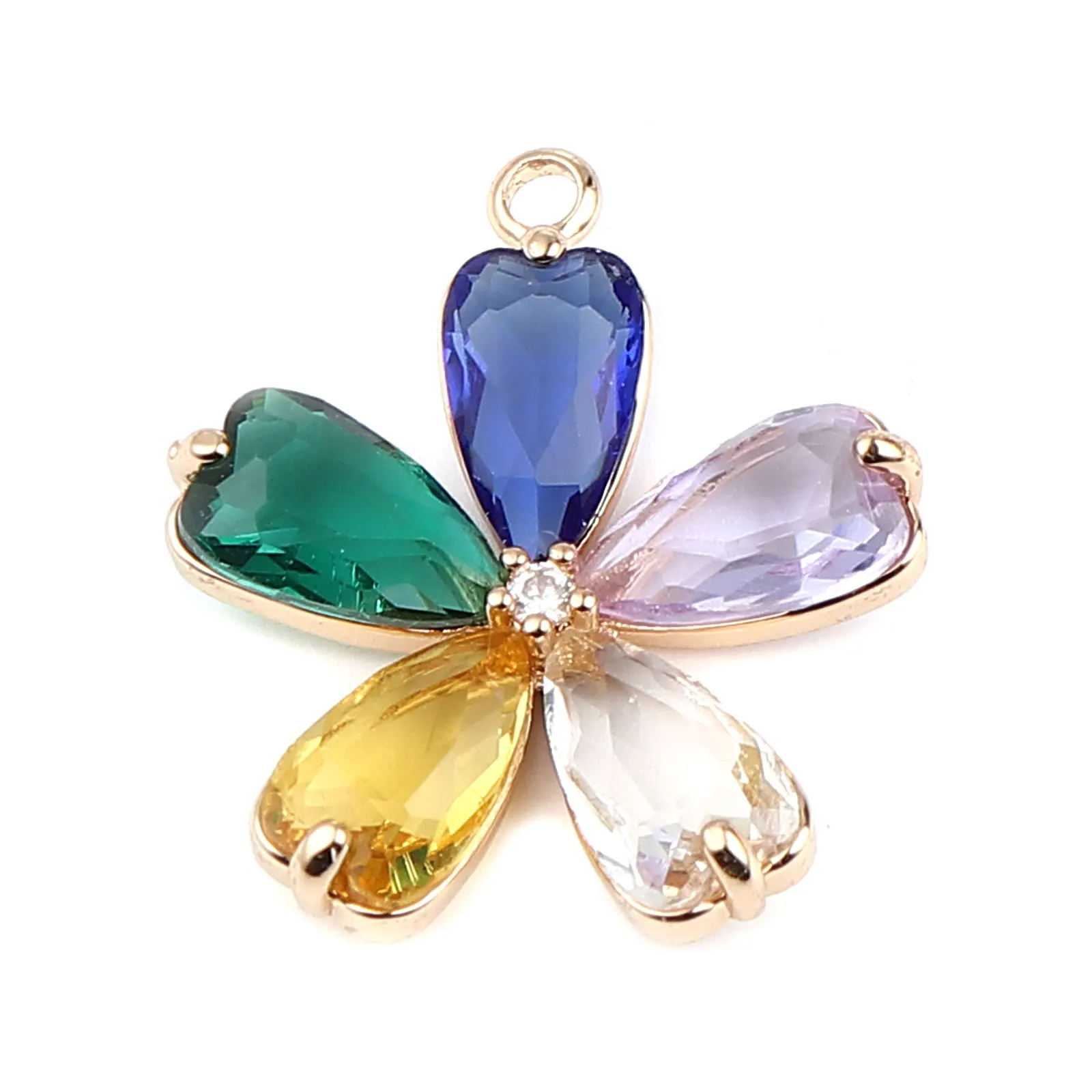 

DoreenBeads 2 PCs Copper Colorful Flower Charms Pendant For Necklace Jewelry Making Gold Color Flower Rhinestone Pendant 26x23mm