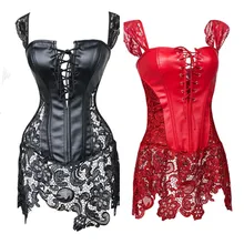 Sexy Women Faux Leather Corset Black Lace Burlesque Steampunk Corset Dress Club Gothic Bustier Plus Size Lingerie espartilho