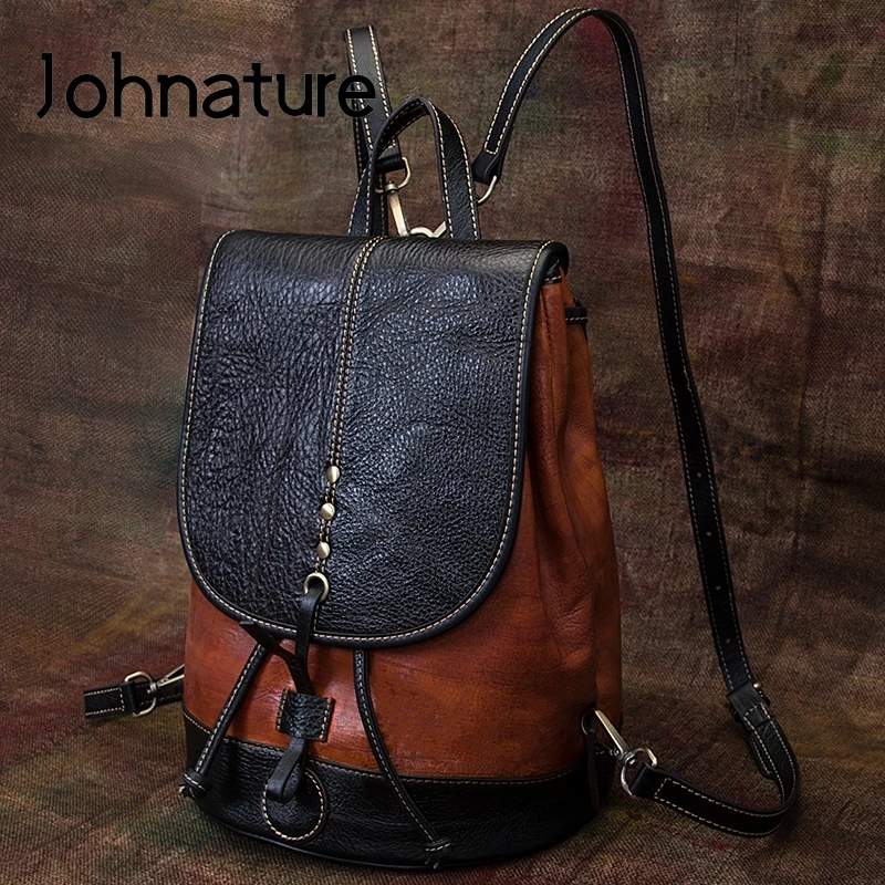 Johnature Retro Genuine Leather Bagpack Women Travel Bag 2022 New Large Capacity First Layer Cowhide Lady Backpack College Bags