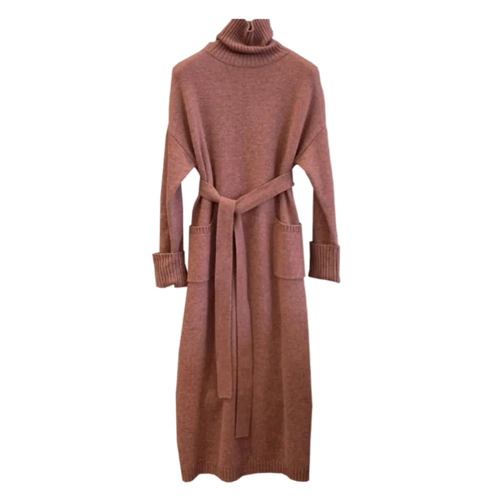 

Women Knitted Dress Solid Color Lace Up Pockets Casual Sweater Dresses Street Wear Fashion OL Vestidos Korean Style Chic