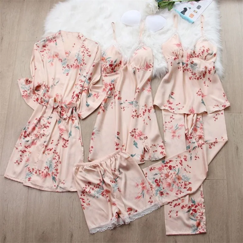 

Print Pajamas Set Silky Women 5 Piece Sleepwear Satin Lace Sleep Pyjama Lounge With Belt Chest Pads Sexy Strap Home Nightwear