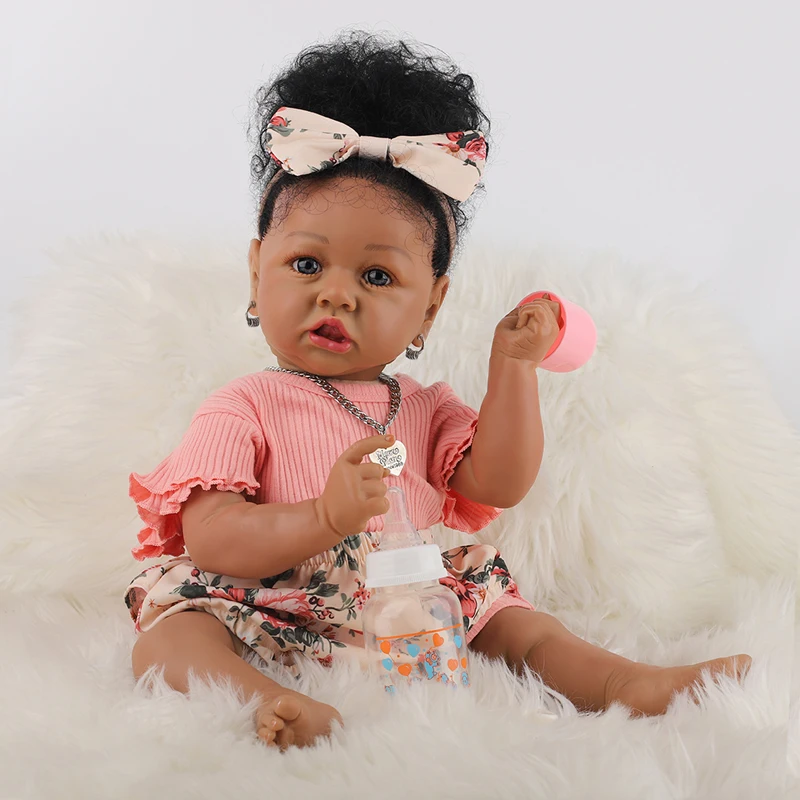 

58CM Reborn Toddler Saskia Dark Brown Complexion Limbs Head Silicone Cotton Body African American Baby Girl Doll Hand Tie Hair