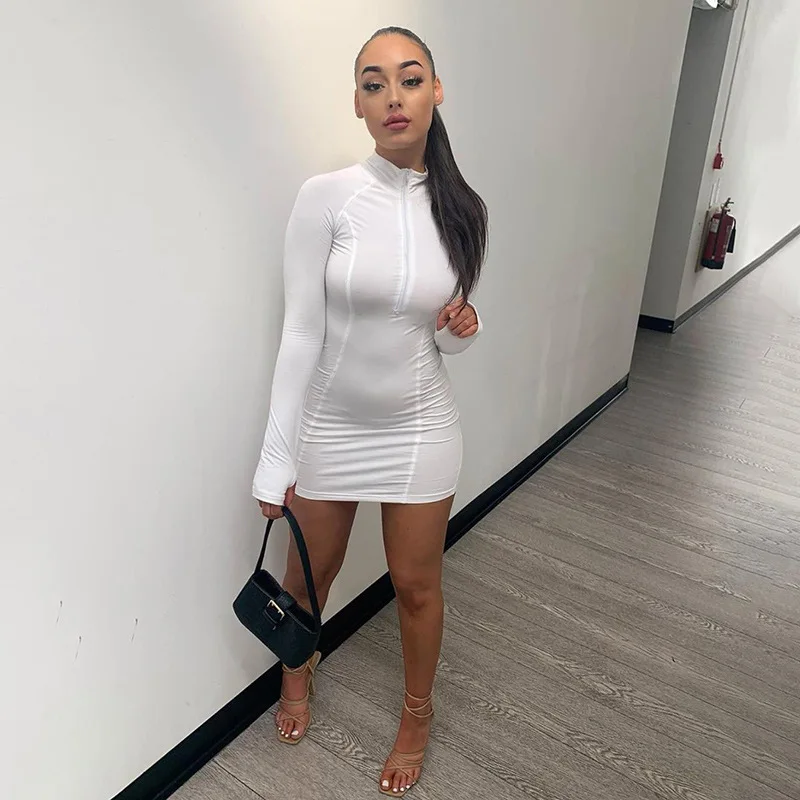

Echoine Spring White Zipprt Mini Dress Mini Sexy Party Streetwear Dress Women
