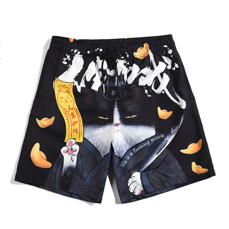 

2021 Summer Funny Husky Dog Cartoon Quick-drying Beach Pants Men Elastic Waist Drawstring Waterproof Animal Print Board Shorts