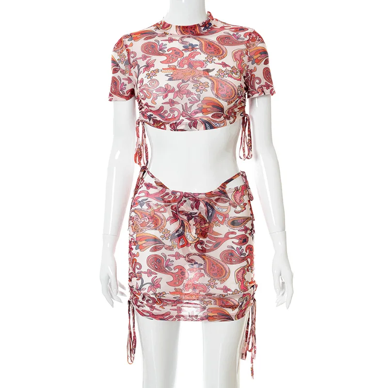 

Casual 3 Piece Set Women Sexy Mesh See Through O-neck Vest And Mini Bodycon Skirt Matching Sets Women Print Female Tracksuits