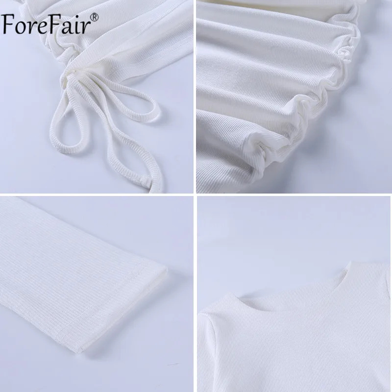 

Forefair 2020 Autumn Mini White O Neck Long Sleeve Ruched Bandage Sexy Women Dress Bodycon Solid Casual Lace Up Party Dresses