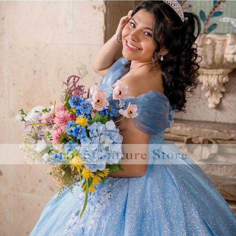 Фото Золушка небесно-голубое платье Quinceanera по индивидуальному заказу с блестками и аппликациями, кружевное бальное платье, платья для выпускного вечера, мексиканские платья для девочек на день рождения №2