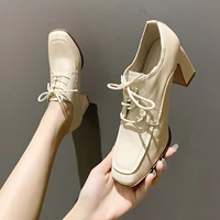 womens high heels fashion single shoes british style thick heel small leather shoes square toe lace up womens student shoes